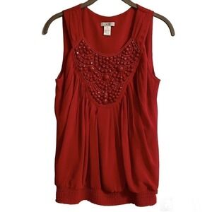 CACHE Blouse Red Sleeveless Pleated Smocked Hem Scoop Neck Rhinestone Sm…